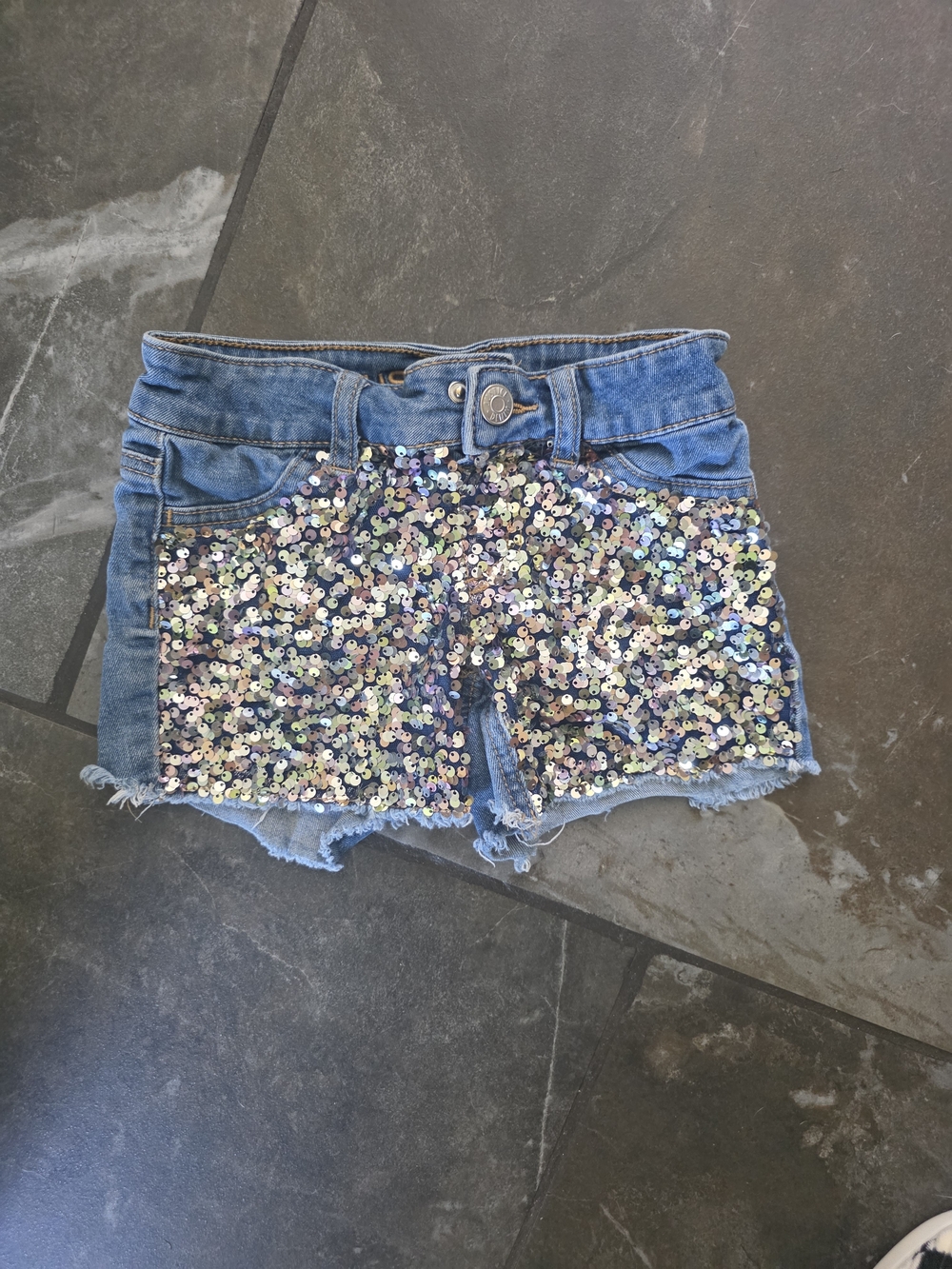 Justice Sequin-Front Denim Shorts in Blue and Iridescent